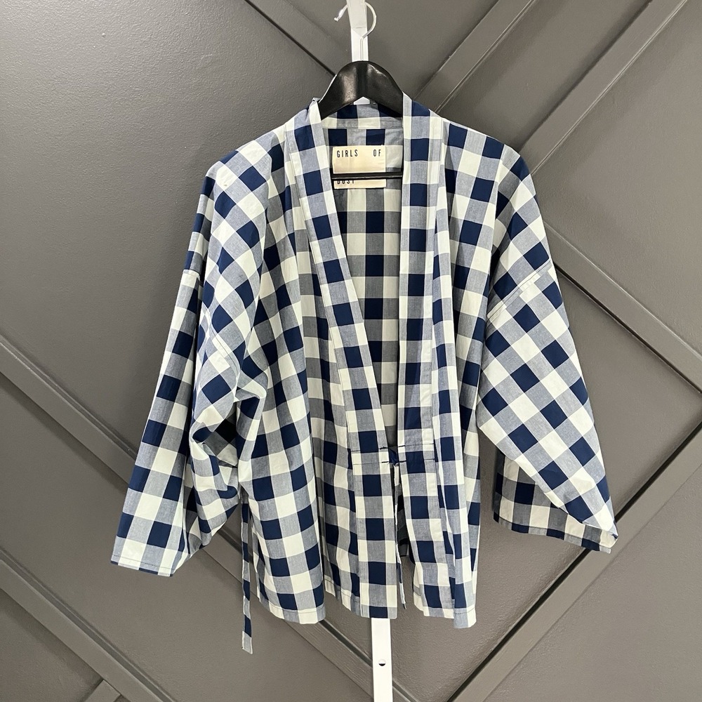 Girls of Dust Womens S Blue White Gingham Check Kimono Wrap Jacket Oversized